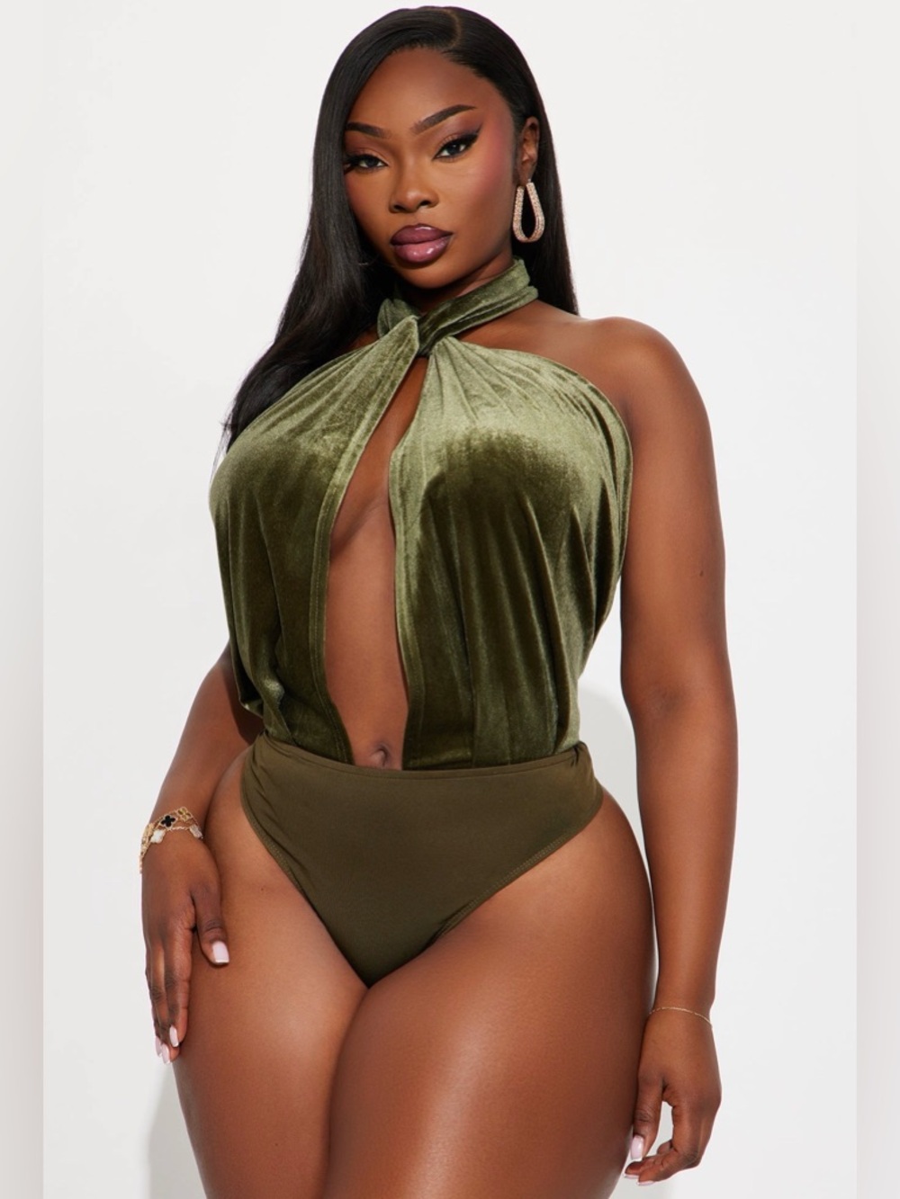 Fashion Nova Olive Green Velvet Halter Bodysuit NWT